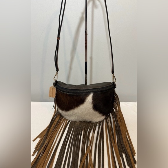 None Handbags - Hand Tooled Cowhide Leather Crossbody Bag Hair-On Brown White Fringe Western